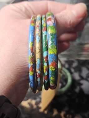 Colorful Cloisonné Floral Bangle Bracelet Set - Blue, Green, Gold 6 Piece Lot